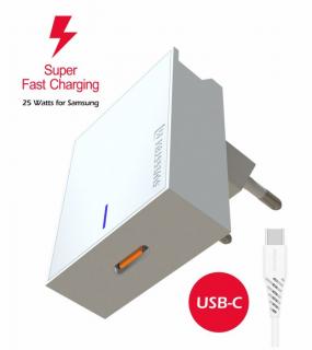 Swissten Samsung SuperFastCharging 25W hálózati töltő adapter fehér + 1,2 m Type-C töltőkábel