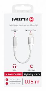 Swissten textil audio adapter, lightning (male)/3,5mm AUX, 0,15m, fehér