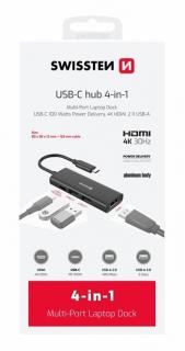 Swissten USB-C hub 4-in-1 (USB-C 100W, HDMI 4K, 2XUSB-A) alumínium