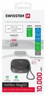 Swissten Voltbox MagGO power bank, 10000 mAh, MagSafe, beépített USB-C, lightning, Apple Watch töltővel