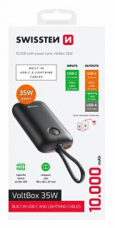 Swissten Voltbox power bank, 35W, 10000 mAh beépített USB-C és lightning kábellel, fekete