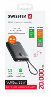Swissten Voltbox power bank, 35W, 20000 mAh beépített USB-C és lightning kábellel, fekete