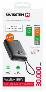 Swissten Voltbox power bank, 35W, 30000 mAh beépített USB-C és lightning kábellel, fekete