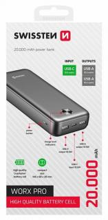 Swissten Worx Pro power bank 20000 mAh, fekete