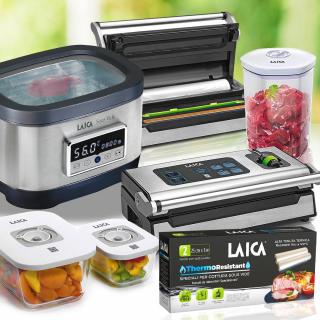 LAICA "Professional Plus" sous vide csomag vákuumos fóliahegesztővel, vákuumfóliával és marináló-vákuumozó üvegedény szettel