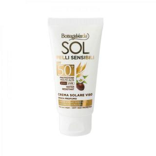 Bottega Verde - SOL pelli sensibili - Arcápoló napkrém kifejezetten érzékeny bőrre - illatanyag mentes - Jojoba olajjal és zabtejjel - nagyon magas védelem SPF50+ (50 ml) - vízálló