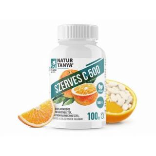 Natur Tanya® SZERVES C 500 – Savmentes, gyomorbarát C-vitamint és citrus bioflavonoidokat tartalmazó, narancs ízű étrend-kiegészítő rágótabletta, természetes sztévia édesítőszerrel100 db