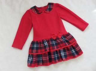 Piros, kockás kislány ruha piros masnival (98) -TÖBB MÉRETBEN