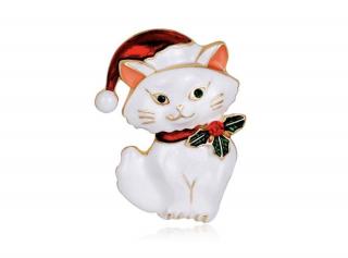 Karácsonyi cicás bross - Mikulás fehér cica