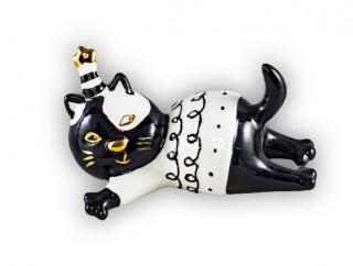 Karácsonyi fekvő porcelán cica szobor dekoráció - fekete