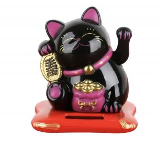 Maneki neko - fekete napelemes integető szerencsehozó macska szobor