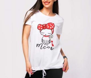 Meow női fehér póló tshirt derékkötővel L-XL