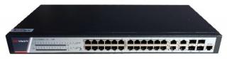 28 portos gigabit PoE switch (370 W); 24 PoE + 4 combo uplink port; teljesen menedzselhető