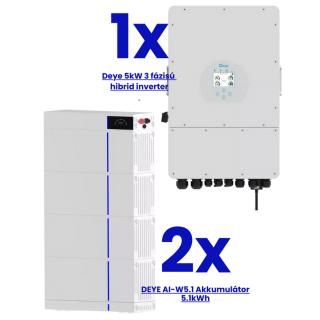 Deye 5kW 3 fázisú valós hibrid inverter + 10.2 kWh akkumulátor csomag (PDU+Lábazati elem)