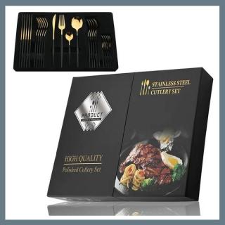 24 részes evőeszköz készlet, rozsdamentes acél - Fekete, Arany + AJÁNDÉKDOBOZ 601099521763851-FA2