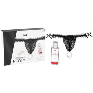 Intt Brazilian Panty + Slinding Gel - csipkés szexi női alsó vízbázisú síkosítóval (fekete)