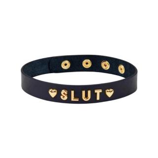 Liebe Seele Gold Word Choker-Slut - bőr nyakörv (arany-fekete)