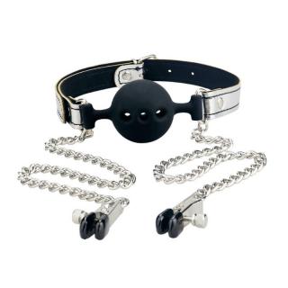 Lovetoy Breathable Ball Gag With Nipple Clamp - fém, műbőr, szilikon szájpeckelő - 33 cm (ezüst-fekete)