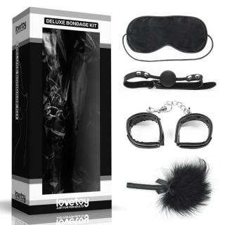 Lovetoy Deluxe Bondage Kit IV - BDSM szett - bilincs + szemmaszk + cirógató + szájpeckelő (fekete)