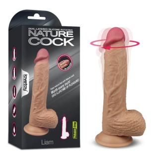 Lovetoy Dual Layered Silicone Rotating Nature Cock Liam - szilikon, akkus, melegítős, letapasztható, fogófejes, herés, vízálló, élethű vibrátor - 21,5 cm (testszínű)
