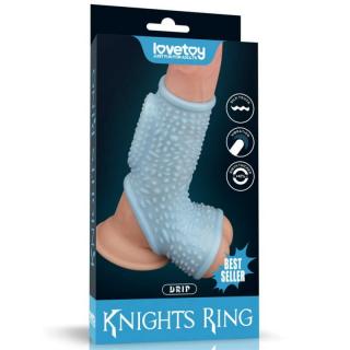 Lovetoy Vibrating Drip Knights Ring With Scrotum Sleeve - vízálló, vibrációs péniszgyűrű (kék)