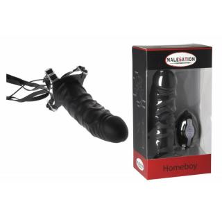 Malesation Homeboy - szilikon, távirányítós, felcsatolható, élethű vibrátor hámmal - 18 cm (fekete)