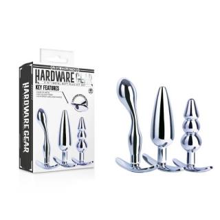 Nmc Hardware Gear 3 In 1 Metal Butt Plug Set III - fém, vízálló anál dildó szett - 7,6/8,9/11,4 cm (ezüst)