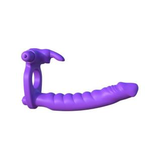 Pipedream Fantasy C-Ringz Silicone Double Penetrator Rabbit - szilikon, csiklóizgatós, vízálló, vibrációs péniszgyűrű dildóval - 16,5 cm (lila)