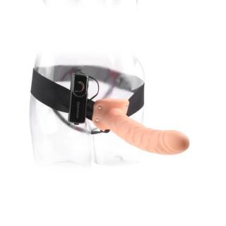Pipedream Fetish Fantasy Series 8" Vibrating Hollow Strap-On - felcsatolható, távirányítós, herés, vízálló, élethű vibrátor hámmal - 20 cm (fekete-testszínű)