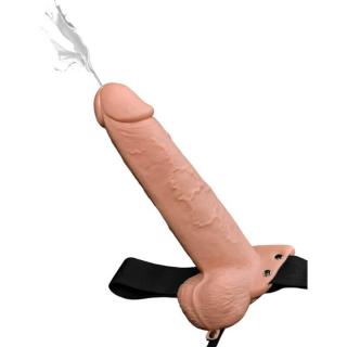 Pipedream Fetish Fantasy Series 9" Hollow Squirting Strap-On With Balls - felcsatolható, herés, vízálló, élethű dildó hámmal - 22,9 cm (fekete-testszínű)