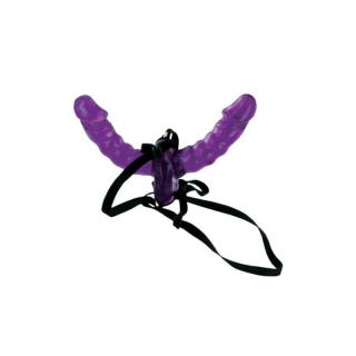 Pipedream Fetish Fantasy Series Double Delight Strap-On - felcsatolható, kétágú, vízálló, élethű dildó hámmal - 15 cm (lila-fekete)