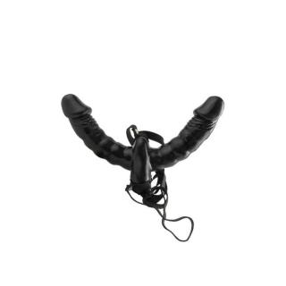 Pipedream Fetish Fantasy Series Vibrating Double Delight Strap-On - felcsatolható, kétágú, távirányítós, vízálló, élethű vibrátor - 15 cm (fekete)
