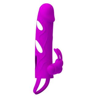 Pretty Love Penis Sleeve With Ball Strap - szilikon, csiklóizgatós, vízálló, vibrációs, hosszabbító péniszköpeny - 14 cm (lila)