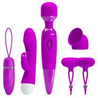 Pretty Love Purple Desire - vibrátor szett - mellbimbó csipesz + vibrációs tojás + nyuszis vibrátor + masszírozó vibrátor cserélhető fejjel (lila)