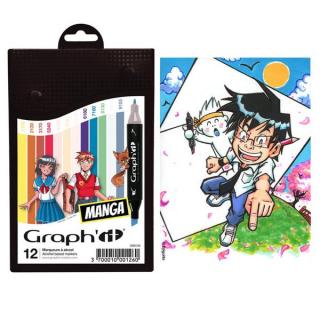 GRAPH'IT kétvégű (vágott/normál) alkoholos filctoll manga 12db