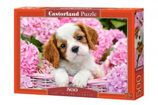 500 db-os puzzle - Kutyakölyök rózsaszín virágokkal