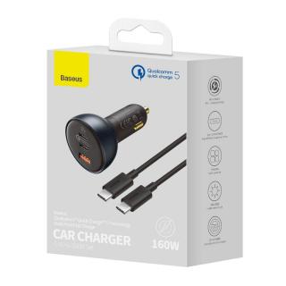 Baseus autós gyorstöltő U+C+C, PD 3.0, QC 5.0, PPS, 160W (USB-C - USB-C kábellel 100W, 20V/1.5A, 1m)