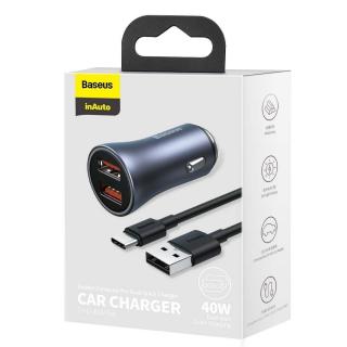 Baseus autós töltő, Golden Contractor Pro, gyors töltés,  2x USB, SCP, FCP, AFC (USB-Type-C kábellel