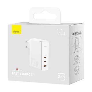 Baseus GaN5 Pro hálózati gyorstöltő, C+C+U, 140W, fehér EU (CCGP100202)