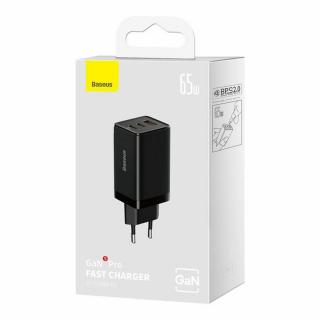 Baseus GaN5 Pro hálózati töltő, 2xUSB-C + USB, 65W, fekete EU (CCGP120201)