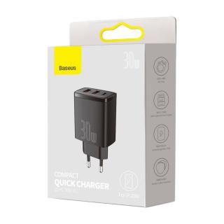 Baseus hálózati töltő, Compact Gyors töltő U+U+C PD3.0, QC 3.0, 30W, EU, fekete (CCXJ-E01)