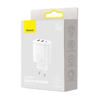 Baseus hálózati töltő, Compact gyorstöltő U+U+C PD3.0, QC 3.0, 30W, EU, fehér (CCXJ-E02)