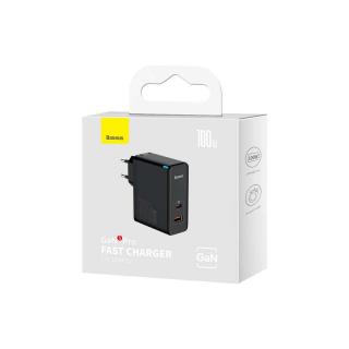 Baseus hálózati töltő, GaN5 Pro gyorstöltő C+U, PD3.0, gyorstöltés 4.0 +, AFC, 100W, EU, fekete