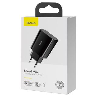 Baseus hálózati töltő, Speed Mini 1C, gyorstöltő, Type-C, 20W, EU, fekete (CCFS-SN01)