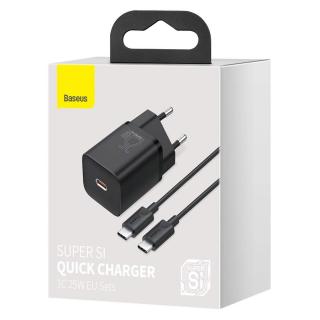 Baseus hálózati töltő szett, Super Si 1C QC, Type-C  Type-C kábellel 3A 1m, 25W, fekete