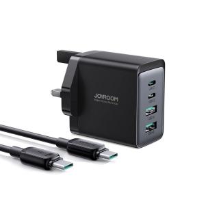 Joyroom Travel Charger GaN gyorstöltő (UK) C+C+U+U, 67W,  PD 100W, 1,2m Type-C kábellel, fekete