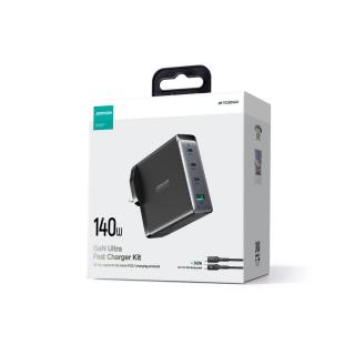 Joyroom Travel Charger GaN hálózati gyorstöltő Type-C - Type-C kábellel 140W, 3xUSB-C+USB, fekete EU