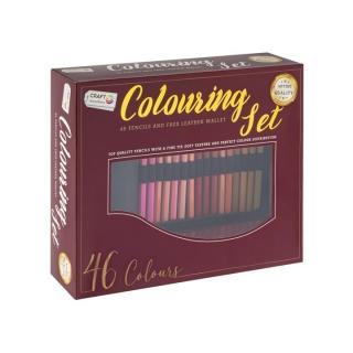 Rajzkészlet bőr tolltartóban - 46 részes (színes ceruzák)