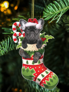 Humoros karácsonyi dísz, francia bulldog a csizmában