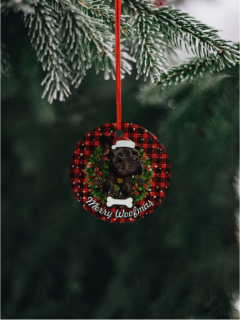 "Merry Woofmas!" kerámia fekete francia bulldog karácsonyfadísz, díszdobozban